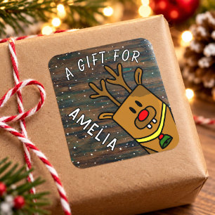 Sticker Carré Joli Renne Bois Nom Enfant Cadeau de Noël
