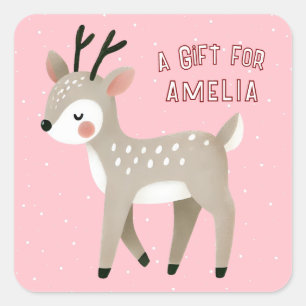 Sticker Carré Joli Renne Rose Nom de l'Enfant Cadeau de Noël