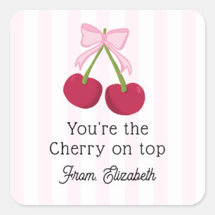 Sticker Carré Joli Ruban Cerise Rayures Roses Esthétique Coquett