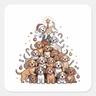 Sticker Carré Joli sapin de Noël Chien Xmas Arbre Chiot