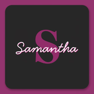 Sticker Carré Joli script personnalisable rose et noir monogramm