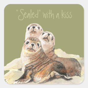 Sticker Carré Joli Seals curieux, scellé avec un baiser