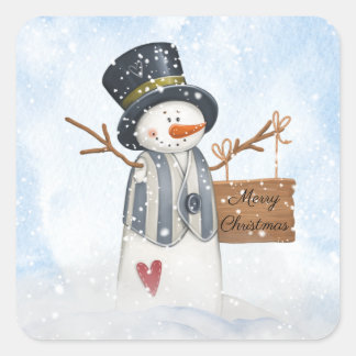 Sticker Carré Joli Snowman Enfants Aquarelle hiver Noël