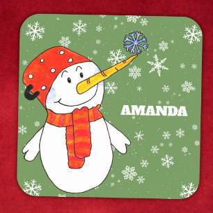 Sticker Carré Joli Snowman Personnalisable Enfants Noël