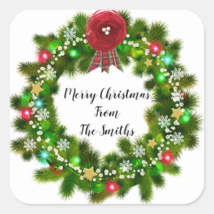 Sticker Carré Joli texte personnalisé Noël Vert Vacances Wreath