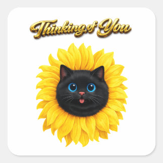 Sticker Carré Joli Tournesol Visage de Chat Noir Pensant à Vous