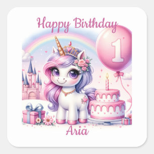 Sticker Carré Joli Unicorn premier anniversaire avec Birthday Ca