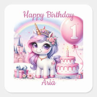 Sticker Carré Joli Unicorn premier anniversaire avec Birthday Ca