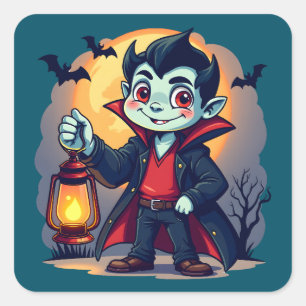 Sticker Carré Joli Vampire avec Lanterne Kawaii Halloween