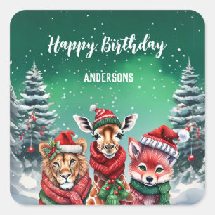 Sticker Carré Joli zoo de lions Noël arbre anniversaire fille fê