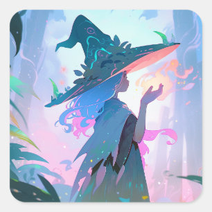 Sticker Carré Jolie Anime sorcière fille Imaginaire Art