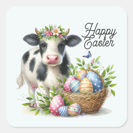 Sticker Carré Jolie aquarelle de vache de Pâques (Devant)