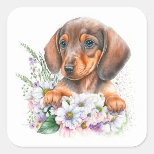 Sticker Carré Jolie aquarelle Floral Dachshund Chien chiot