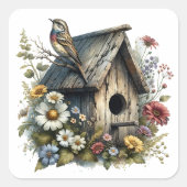 Sticker Carré Jolie aquarelle Rustique Birdhouse et Bird (Devant)
