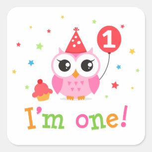 Sticker Carré Jolie chouette rose avec ballons et cupcake Je sui