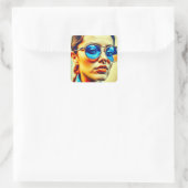 Sticker Carré Jolie Dame avec Lunettes de soleil Bleues avec Réf (Sac)