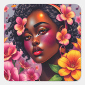 Sticker Carré Jolie dame de couleur Fleurs roses Notes musicales (Devant)