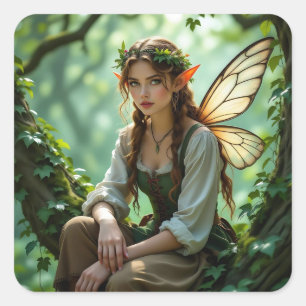 Sticker Carré Jolie Fée Elfe dans une Forêt Enchantée