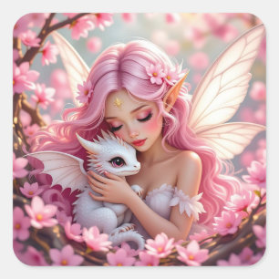 Sticker Carré Jolie Fée Elfe Rose et Dragon