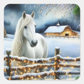 Sticker Carré Jolie ferme de chevaux blancs Noël (Devant)