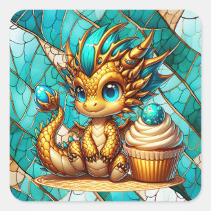 Sticker Carré Jolie fête d'anniversaire du dragon Turquoise et d