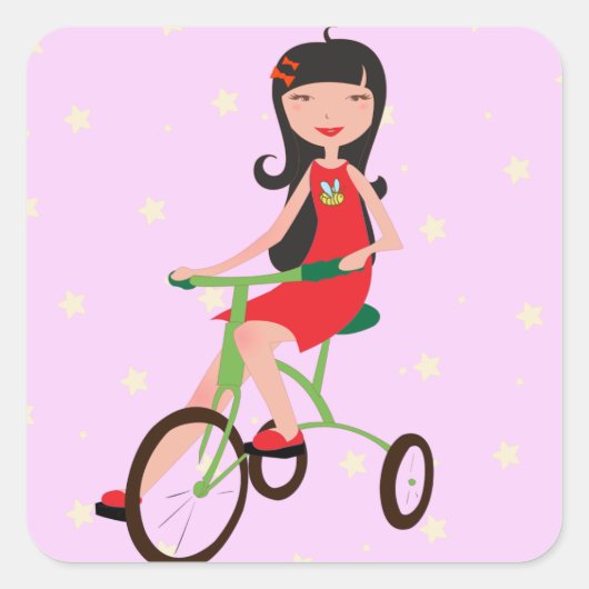 Sticker Carré Jolie Fille à Tricycle Dessin Animé (Devant)