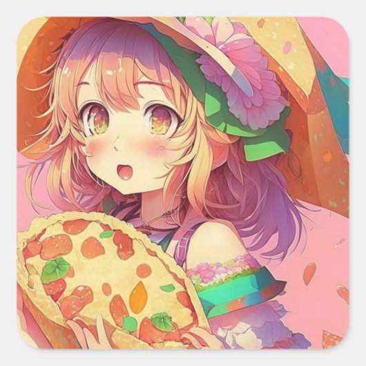 Sticker Carré Jolie fille Anime tenant une pizza (Devant)
