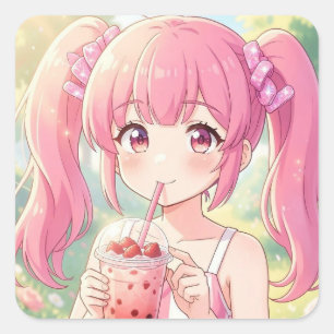 Sticker Carré Jolie Fille d'Anime en Rose Buvant du Thé à Bulles