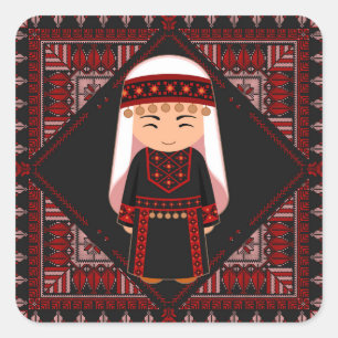 Sticker Carré jolie fille palestinienne Broderie rouge tatreez