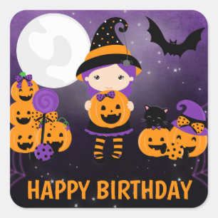 Sticker Carré Jolie fille sorcière et citrouilles Joyeux Anniver