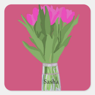 Sticker Carré Jolie fleur de tulipe Illustration moderne + Nom