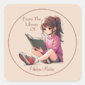 Sticker Carré Jolie Jeune Fille Lecture Livre Plaque (Devant)
