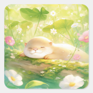 Sticker Carré Jolie loutre dorée endormie sur une bûche moussue
