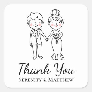 Sticker Carré Jolie Mariée et Mari Dessin Animé Noir Blanc Merci