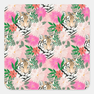 Sticker Carré Jolie peinture florale de tigre rose blanc
