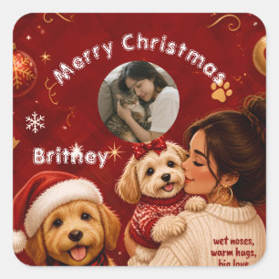 Sticker Carré Jolie Photo de Chien de Noël Rouge Cramoisi Nom