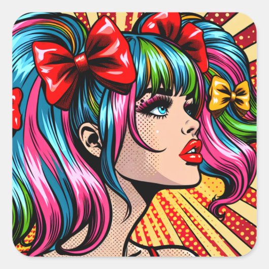 Sticker Carré Jolie Pop Art Comic Girl with Bows (Devant)