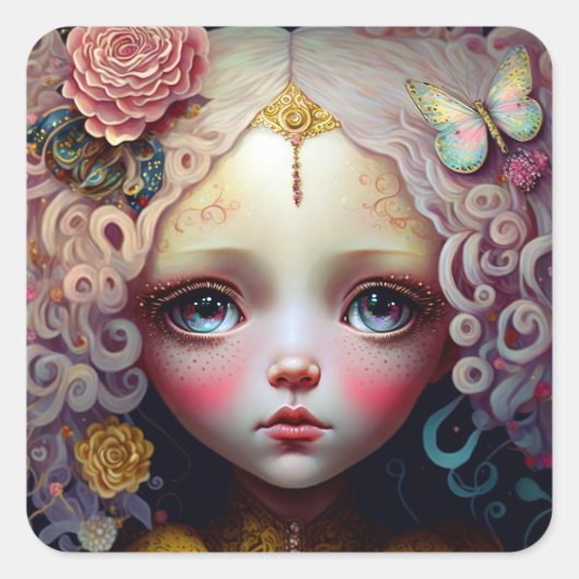 Sticker Carré Jolie poupée fille cheveux roses (Devant)