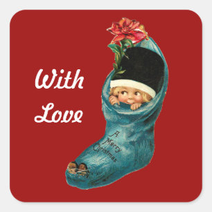 Sticker Carré Jolie réserve de Noël, Petit enfant, Rouge blanc