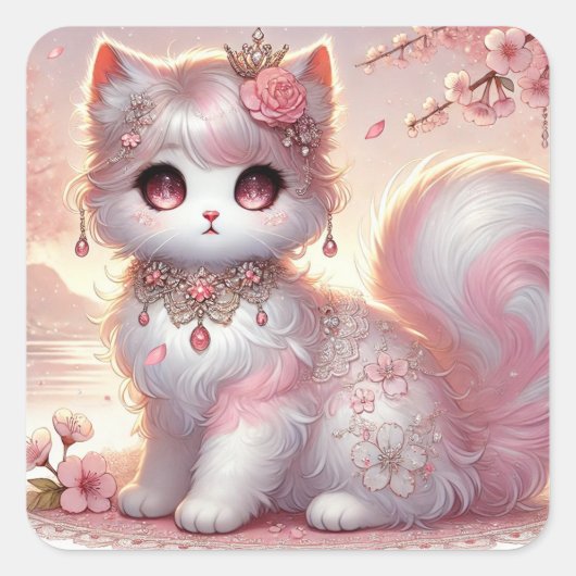 Sticker Carré Jolie Sakura rose cerisier fleur princesse chat (Devant)