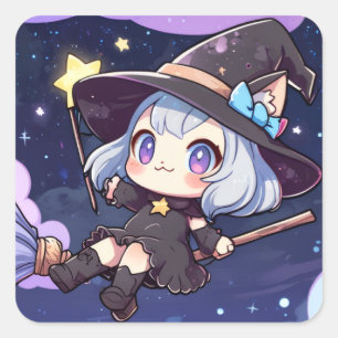 Sticker Carré Jolie sorcière chibi volant dans le ciel nocturne