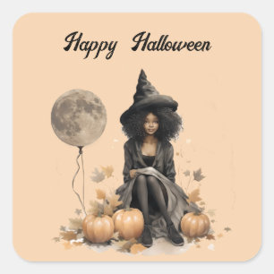 Sticker Carré Jolie sorcière d'Halloween et ballons de Pleine lu