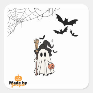 Sticker Carré Jolie sorcière fantôme Halloween avec chambre et C