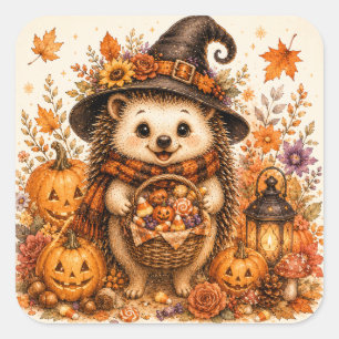 Sticker Carré Jolie Sorcière Hérisson Halloween Citrouilles Auto