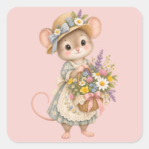Sticker Carré Jolie Souris des Bois – Illustration de Jardin de