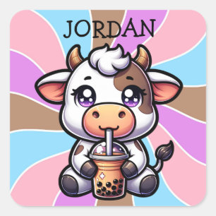Sticker Carré Jolie vache bébé Boire Boba Kawaii Cartoon