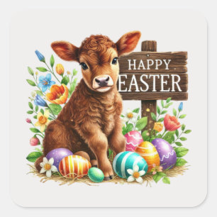 Sticker Carré Jolie vache de Pâques