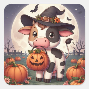 Sticker Carré Jolie vache sorcière Halloween