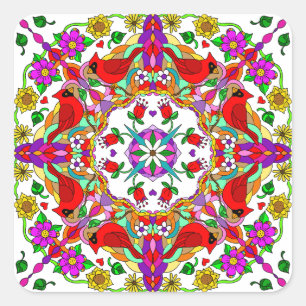 Sticker Carré Jolies cardinales et fleurs colorées Mandala