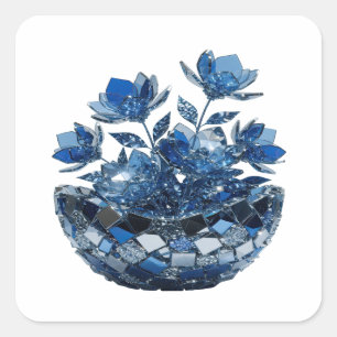 Sticker Carré Jolies fleurs en verre bleu argenté de style vinyl